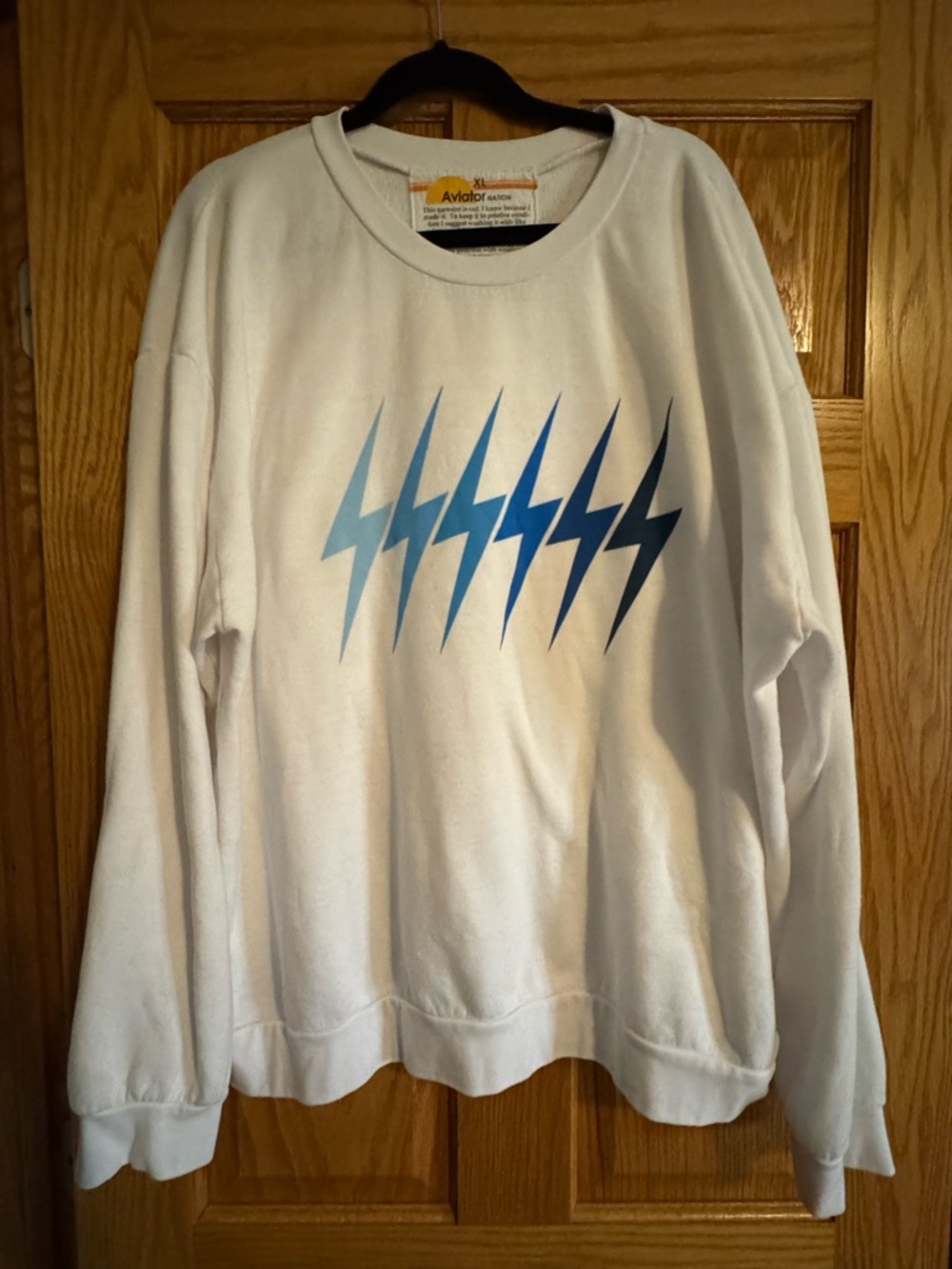 Aviator Nation White Crewneck with Blue Bolt Accents